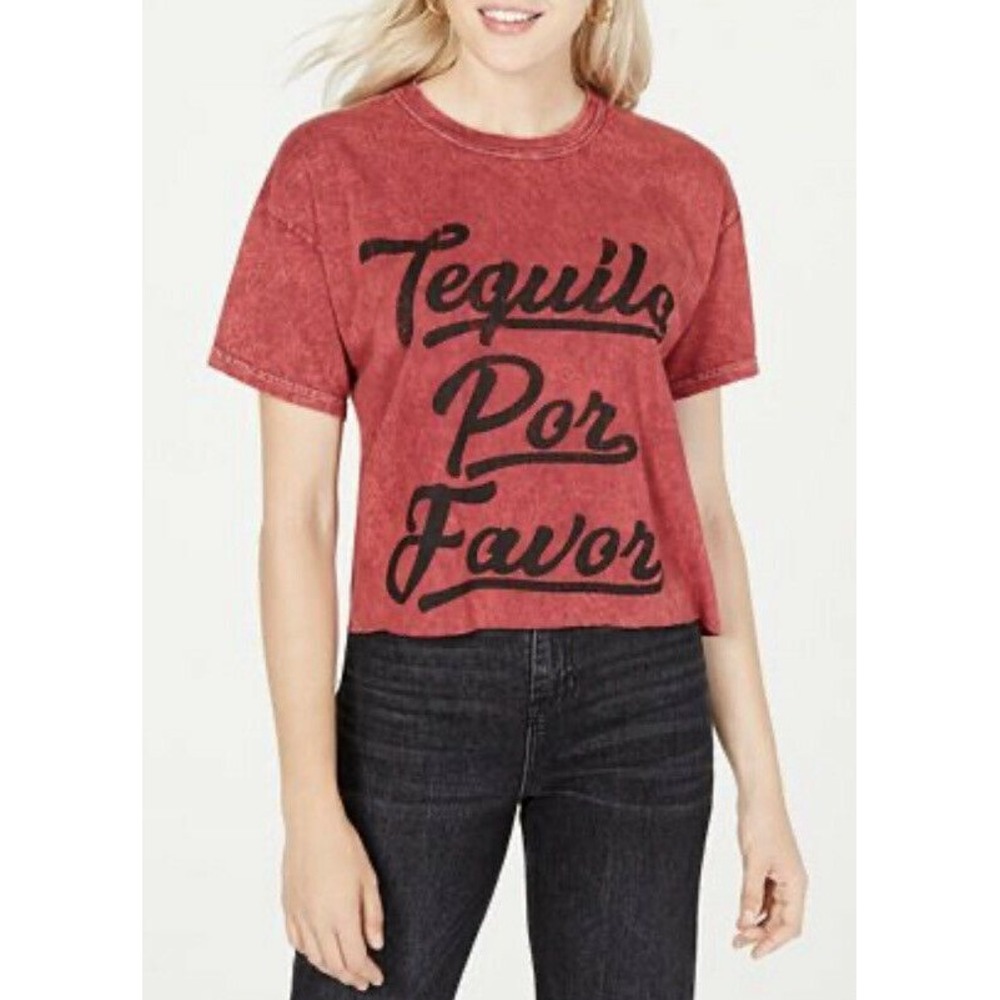 True Vintage Women's Cotton Tequila Por Favor Graphic‎ T-Shirt Crop Top L Maroon